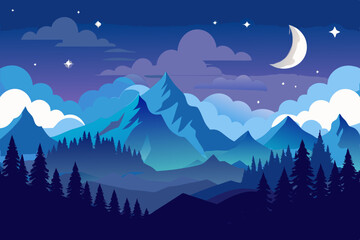 Obraz premium Serene Night Mountainscape Design featuring a crescent moon and starlit sky ideal for branding projects and logo creation