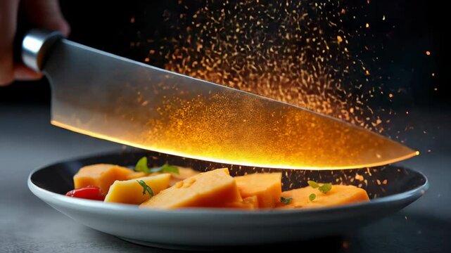 Knife slicing through food with a sprinkle of seasoning.
