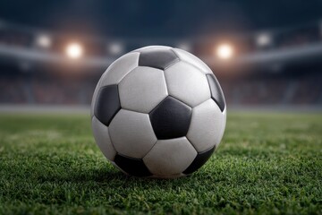 Fototapeta premium A soccer ball sits on a grass field under stadium lights the background softly blurred