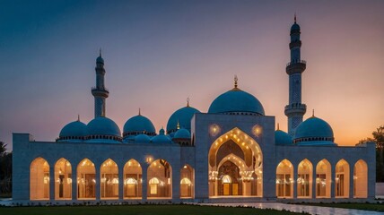 Modern Mosque Architecture Illuminated at Dusk.