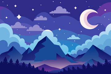 Obraz premium Serene Night Mountain Landscape Design featuring a crescent moon stars and clouds ideal for branding and decoration