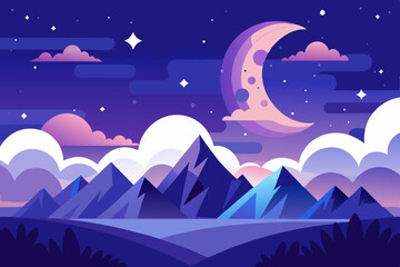 Obraz premium Serene Night Mountainscape Design A captivating flat design featuring a crescent moon mountains and stars ideal for branding and website backgrounds