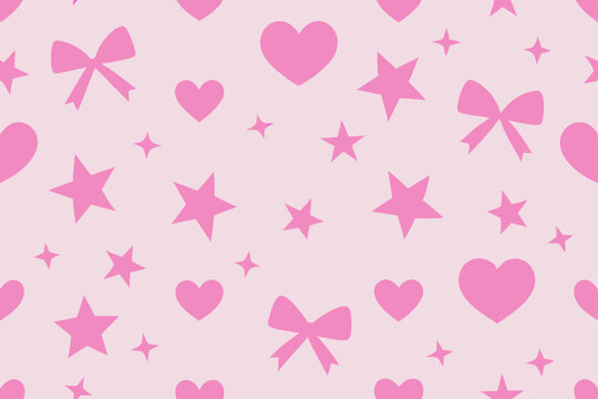 Pink Hearts, Stars, and Bows Seamless Pattern Adorable Girly Design