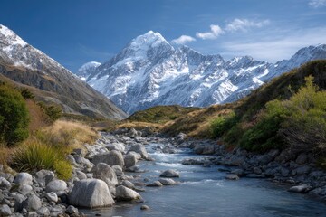 A stream flows through a rocky bed leading to snowcapped mountains under a partly cloudy sky