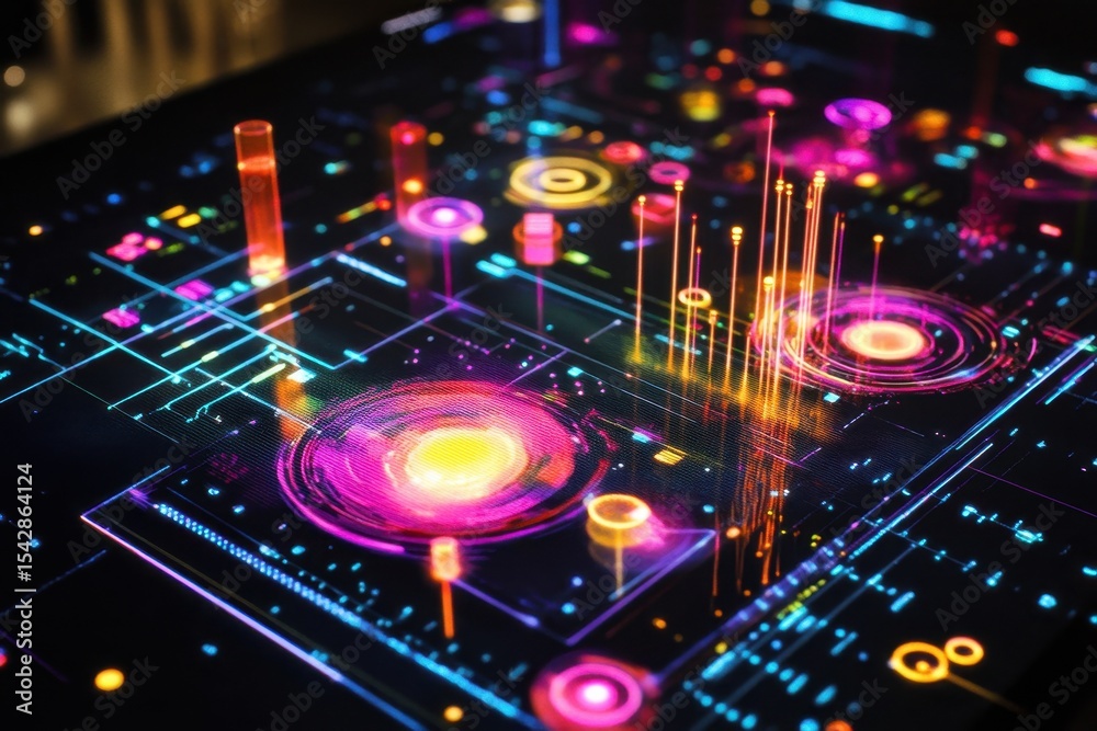 Poster digital data processing displays vibrant colors and intricate patterns against a black background, d