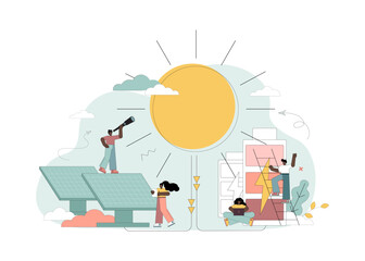 Energy of the sun. Alternative energy source. People use solar panels.eps