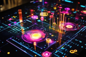 Digital data processing displays vibrant colors and intricate patterns against a black background, digital data processing over scope on black background