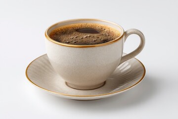 Fototapeta premium A tan ceramic cup filled with coffee on a saucer set against a bright white background