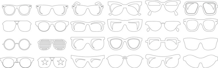 Sunglasses vector icon set for fashion accessory design summer eyewear style and sun protection Men and women glasses. hipster frame, fashion black plastic rims. Trendy Optics, modern shade graphic