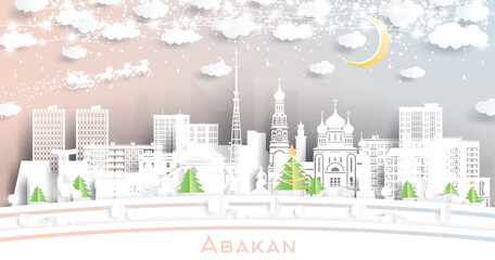 Fototapeta premium Abakan. Russia. Winter city skyline in paper cut style with snowflakes, moon and neon garland. Christmas and new year. Santa Claus on sleigh. Abakan cityscape with landmarks. Illustration.