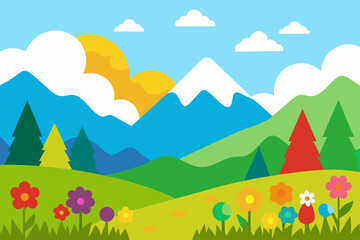 Obraz premium Vibrant Mountain Landscape Illustration Sunrise over Colorful Meadows and Majestic Peaks
