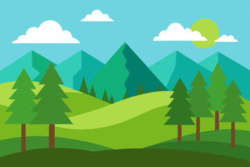 Obraz premium Serene Mountain Landscape Picturesque Hills, Lush Green Trees, and a Sunny Sky