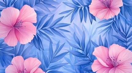 Pink hibiscus flowers and blue tropical leaves pattern