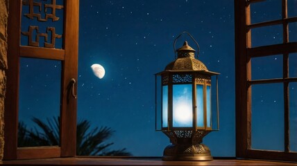 Moon And Arabian Lantern With Blue Sky At Night window view.