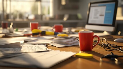 Busy office workspace with scattered papers computer monitor coffee mug and office supplies du daytime