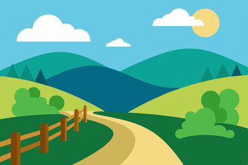 Serene Countryside Landscape Winding Road, Rolling Hills, and Sunny Skies