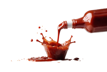 Ketchup bottle pouring Ketchup sauce from glass bottle onto fries