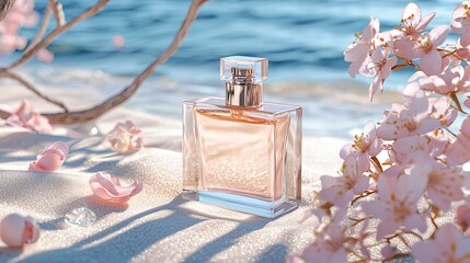 sweet aesthetic perfume bottle with matte peach surface nestled on fine white sand, soft morning light casting gentle diagonal shadows, surrounded by sugar-pink floral petals and beach glass