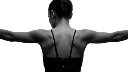 Back view woman athletic body black top white background