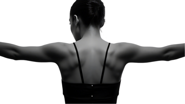 Back view woman athletic body black top white background