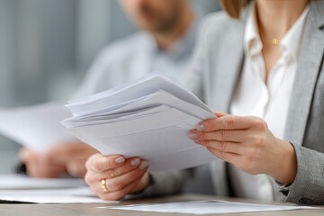 A woman wearing a grey jacket holds papers with a man in the background