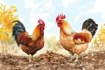 Fototapeta premium Rooster and chicken searching for food in the garden during daytime, rooster and chicken looking for food raking the ground