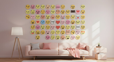 Emoji wall decoration with neat colorful pattern in pink room