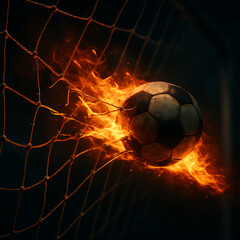 Fiery Soccer Ball in Goal Net, Sports Concept