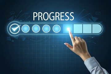 Advancing Progress with a Digital Interface a Hand Interacting with a Progress Bar on a Futuristic Blue Screen Indicating Completion and Achievement in a Tech