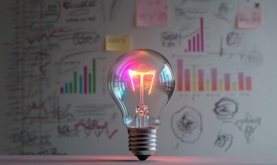Illuminated lightbulb against a backdrop of scribbled notes and charts