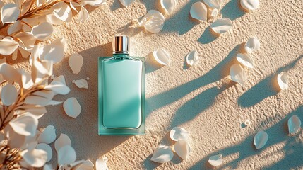 dreamlike pastel mockup of a matte mint-green perfume bottle surrounded by white petals on beach sand, warm diagonal light from sunset enhances soft romantic glow