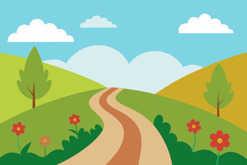 Fototapeta premium Serene Winding Road Through Rolling Hills and Blossoming Meadows A Picturesque Landscape Illustration