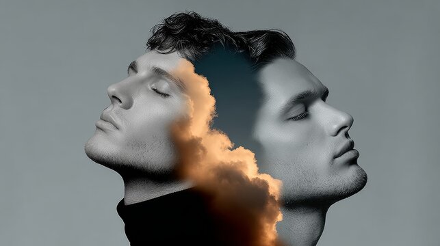 Two men's faces are shown in a split image, with one face looking up at the sky and the other looking down. Scene is contemplative and introspective, as if the men are deep in thought
