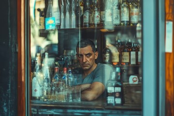 Obraz premium Owner of liquor store gazing out from behind the counter during the afternoon, owner of the liquor store coming to the window
