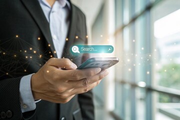 Businessman Using Smartphone with Search Bar Overlay for Online Information Retrieval and Digital Connectivity in Modern Business Environment Showcasing Technology and Innovation