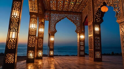 Moroccan archway stage with decorative lanterns.