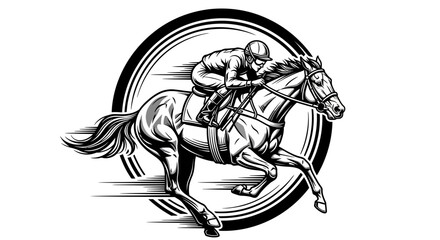 Fototapeta premium Black and White Jockey and Horse in Motion, Vintage Style Illustration