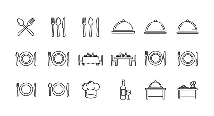 Black and White Restaurant Icon Set with Table Settings and Food Service