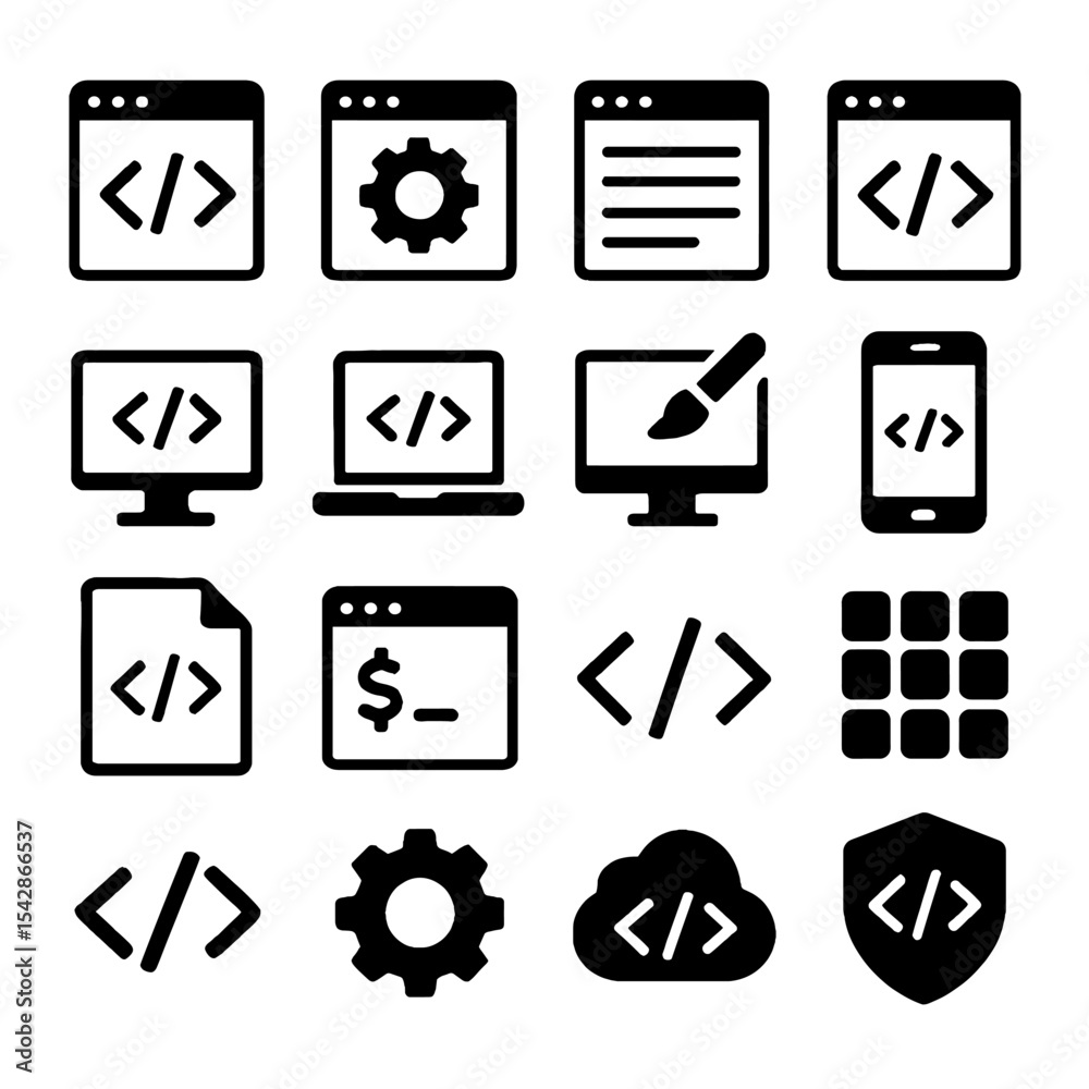 Poster diverse icons representing coding, development, and software engineering concepts.