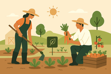 Couple Harvesting Carrots and Tending Garden Under Sunny Sky