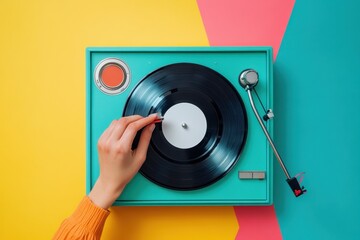 Obraz premium Creative hands putting a record on a colorful turntable in a vibrant setting during a leisure activity, Top view hands putting record onto play on colorful vintage record player