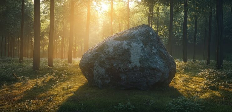 Large gray boulder in a sunlit forest