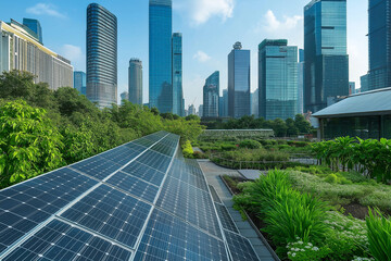 Fototapeta premium Sustainable city, financial graphs, renewable energy 