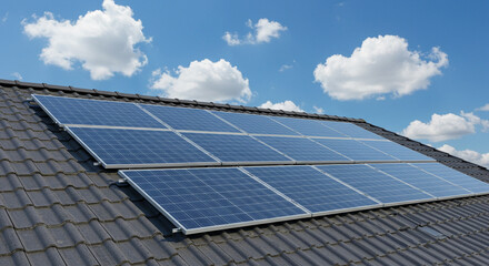 太陽光パネルと青空のある住宅屋根