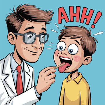 A doctor examining a young boy's throat with a tongue depressor who is saying ahh during a medical checkup

