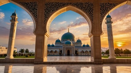 Mosque door arch with landscape view and sunset scene background.