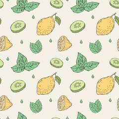 Seamless vector pattern featuring hand-drawn illustrations of lemon, cucumber, and mint in a minimalist doodle style