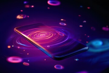 A cell phone is floating in a sea of colorful bubbles