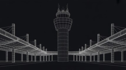 Detailed Wireframe Airport Control Tower and Terminal Structure Design