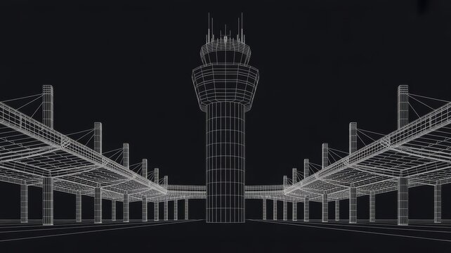 Detailed Wireframe Airport Control Tower and Terminal Structure Design